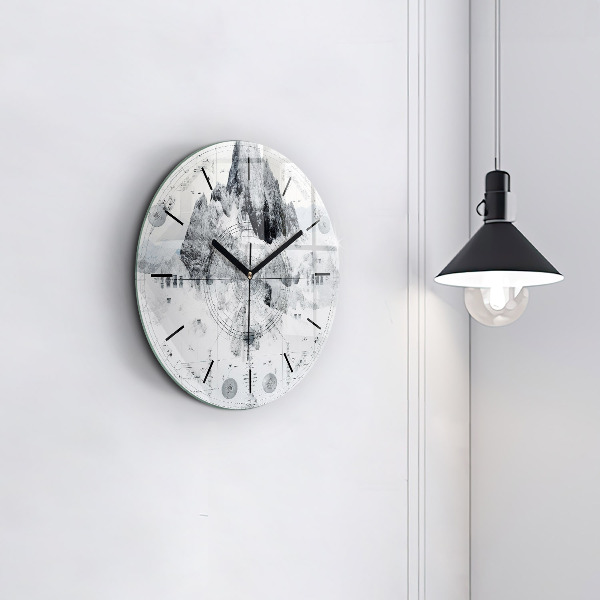 Round glass wall clock Cartoon mountains