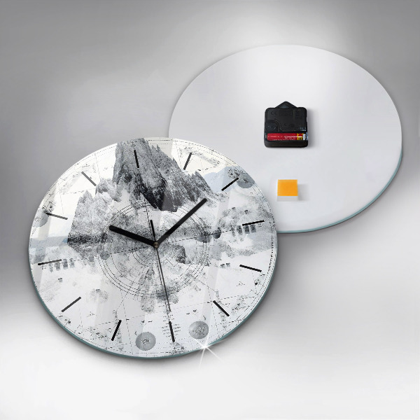 Round glass wall clock Cartoon mountains