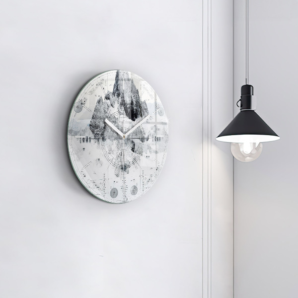 Round glass wall clock Cartoon mountains