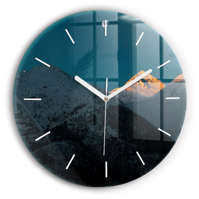 Round glass wall clock Sunset in the mountains
