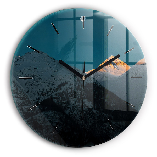 Round glass wall clock Sunset in the mountains