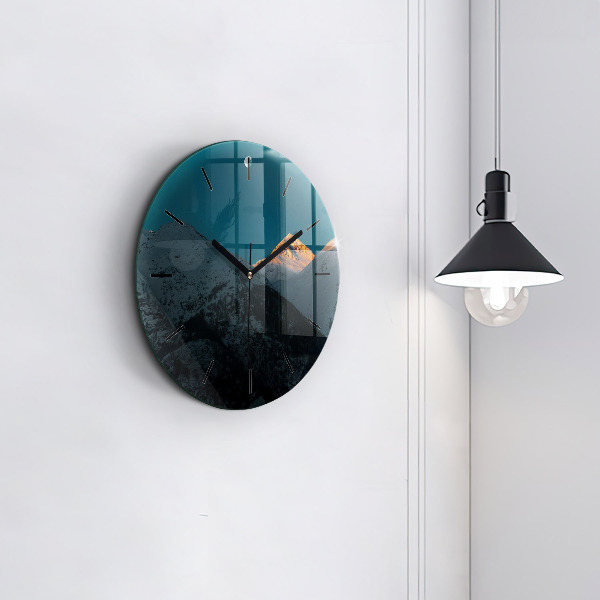 Round glass wall clock Sunset in the mountains