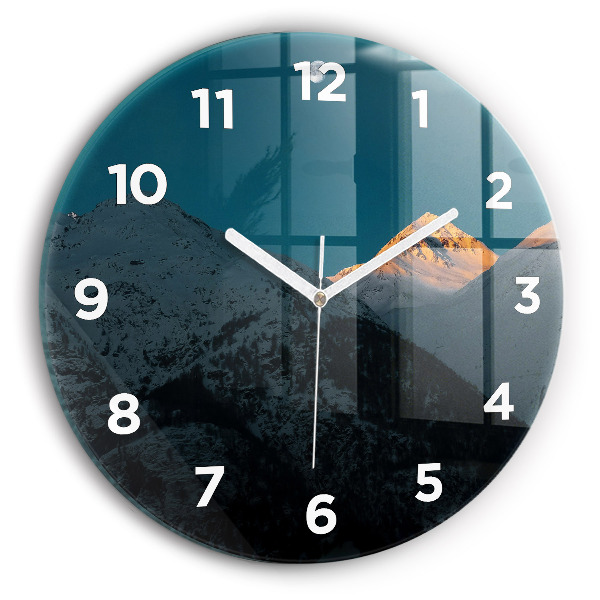 Round glass wall clock Sunset in the mountains