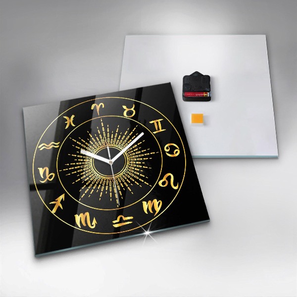 Square kitchen clock Golden zodiac signs on black background