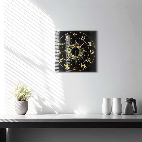 Square kitchen clock Golden zodiac signs on black background