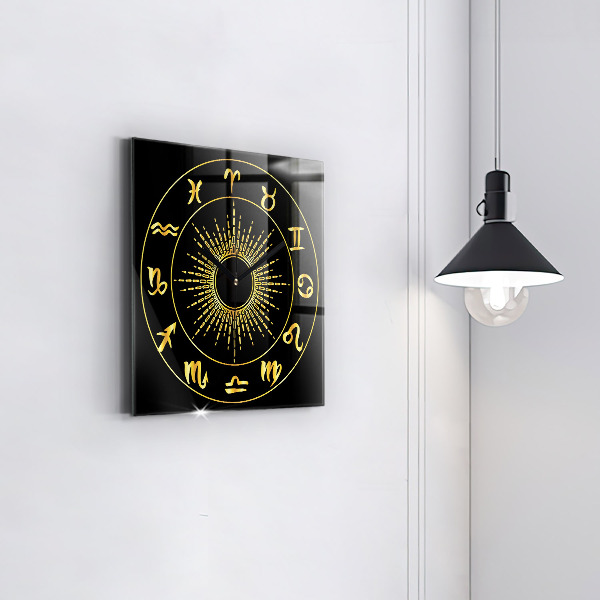 Square kitchen clock Golden zodiac signs on black background