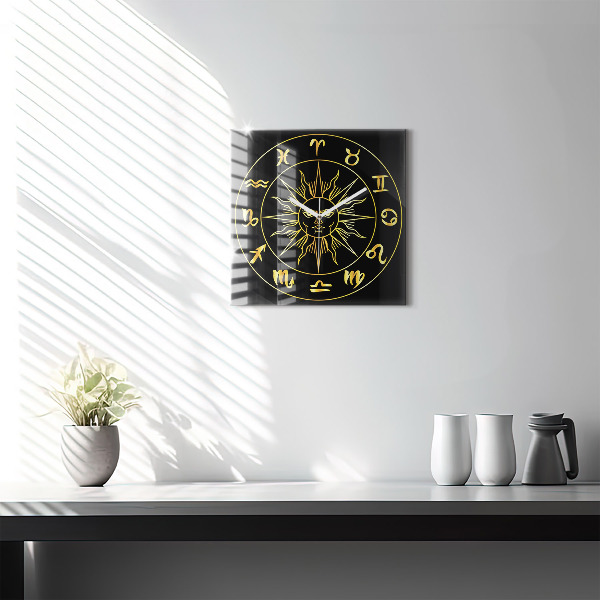 Square kitchen clock Golden zodiac signs with sun