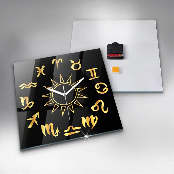 Square kitchen clock Golden astrological signs on black background