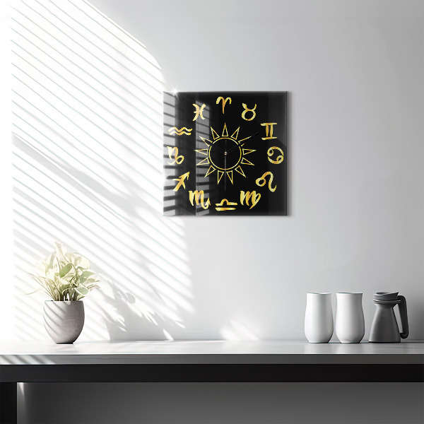 Square kitchen clock Golden astrological signs on black background