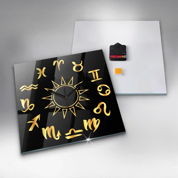 Square kitchen clock Golden astrological signs on black background