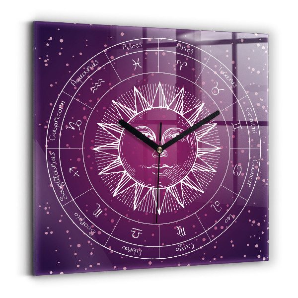 Square kitchen clock Zodiac constellations on purple background