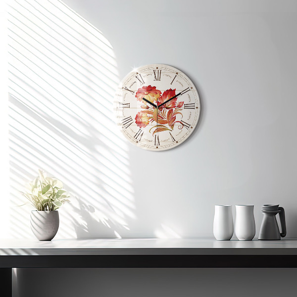 Round wall clock Red Flowers