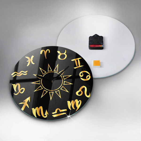 Round wall clock Golden Zodiac Signs and Sun
