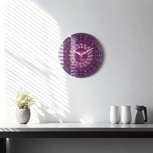 Round wall clock Zodiac Constellations on a Purple Background