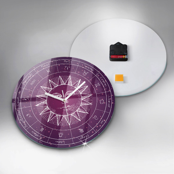 Round wall clock Zodiac Constellations on a Purple Background